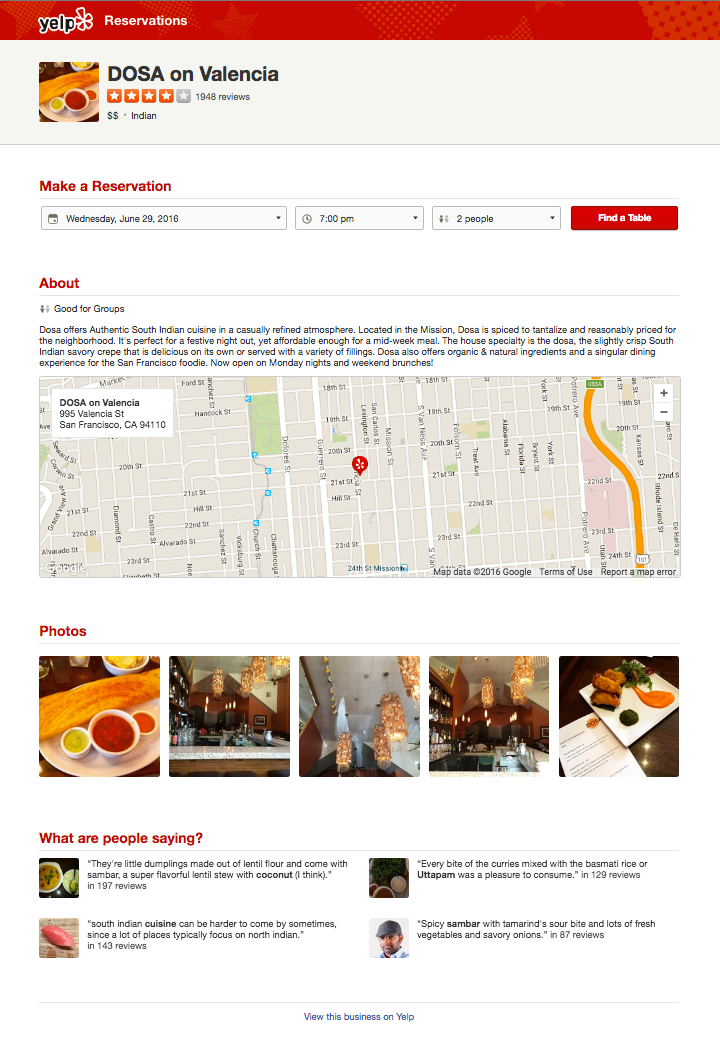 Yelp Reservations Booking Page